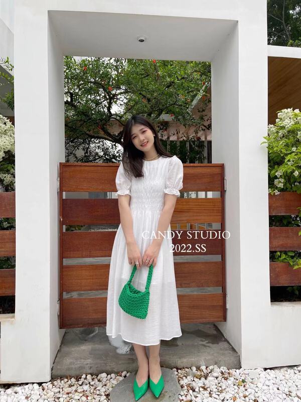 [candy] Korean soft wind round neck waist closing dress 7368# zjy