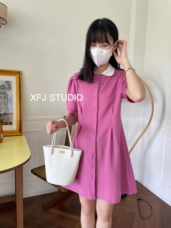 [Xiaofan family] contrast color polo collar Korean waist dress 6157# LSW