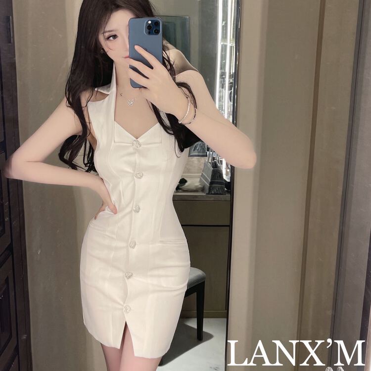 New in early summer! [lanxm] neckline, slim temperament, Rhinestone button dress 18037# JJ