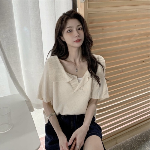 Korean style large lapel short top design sense of minority summer French short sleeve imitation linen sweater