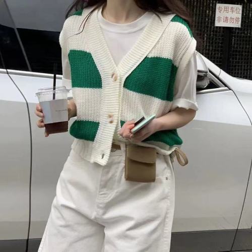 Summer new Korean version small fresh fashion loose cardigan Color Matching stripe knitted vest