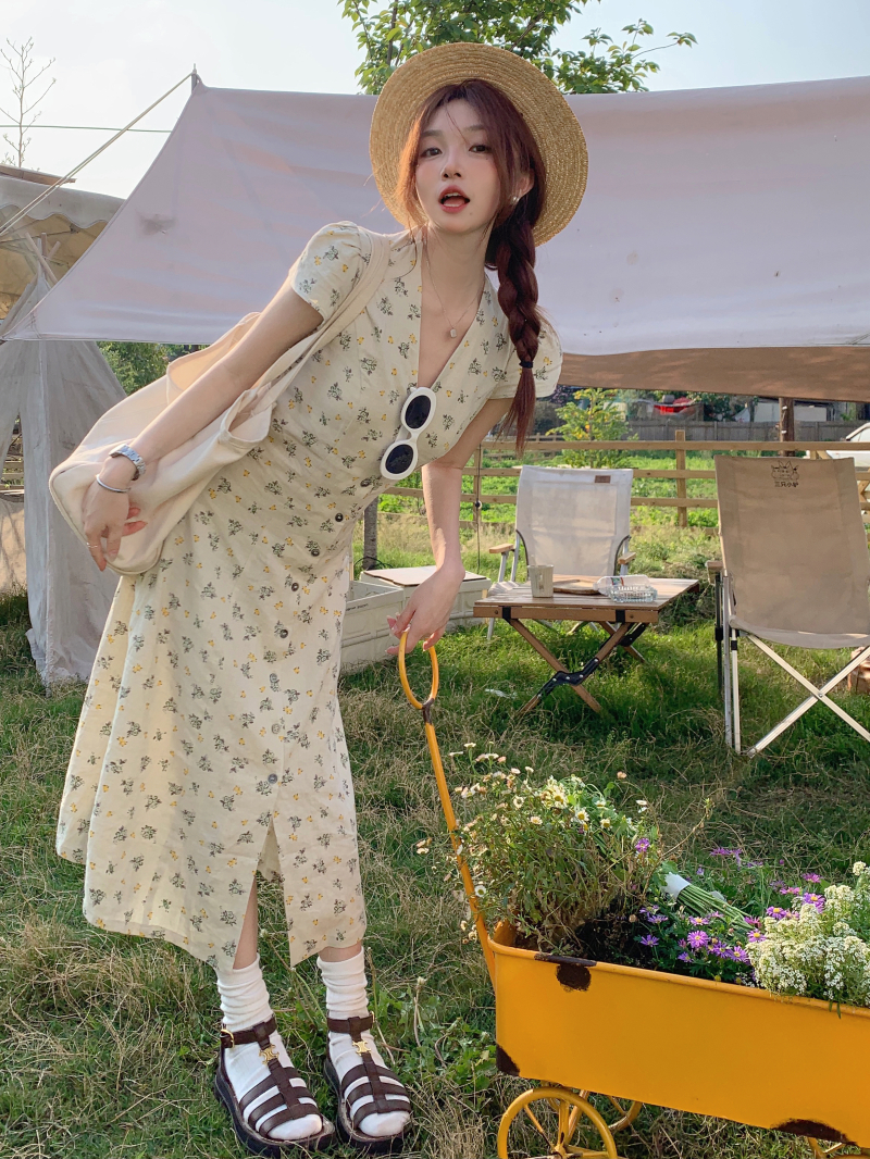 Real shooting, real price, first love, floral long skirt, female design, minority French retro romantic dress, V-neck