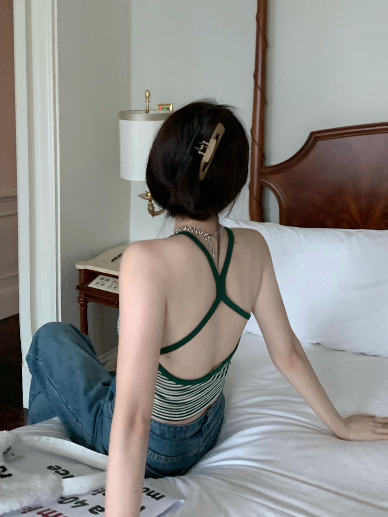 Real price American Retro Green Striped backless Spice Girl suspender vest women's careful machine top