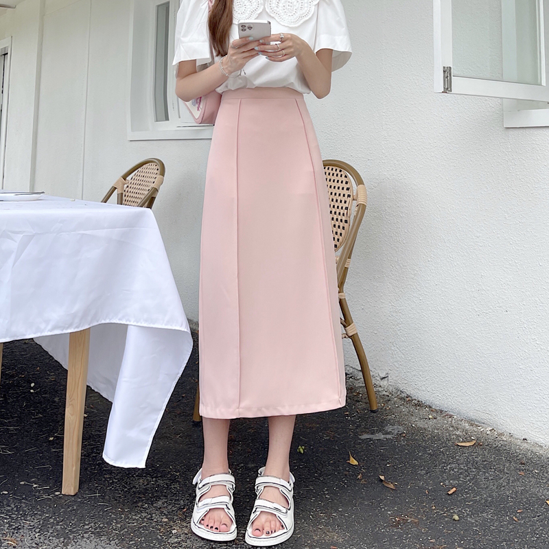 Real price 2022 summer skirt women's medium length A-shaped high waist thin straight tube back split skirt