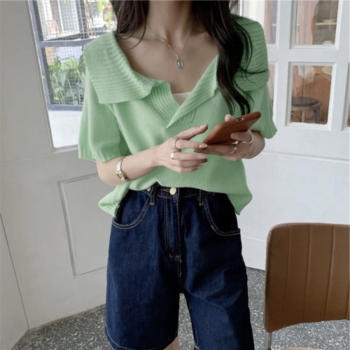 Korean style large lapel short top design sense of minority summer French short sleeve imitation linen sweater