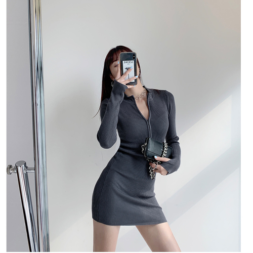 European and American spice girl style pure desire half high collar zipper buttock bottomed skirt women's autumn and winter sexy long sleeve knitted dress
