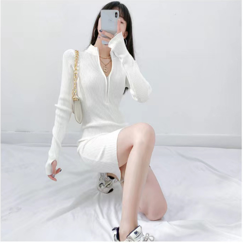 European and American spice girl style pure desire half high collar zipper buttock bottomed skirt women's autumn and winter sexy long sleeve knitted dress