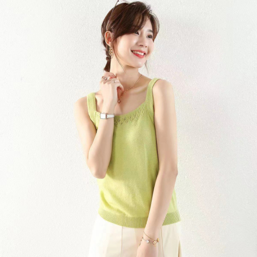 French simple square neck hollowed out inside and outside design feeling solid color ice silk knitted vest