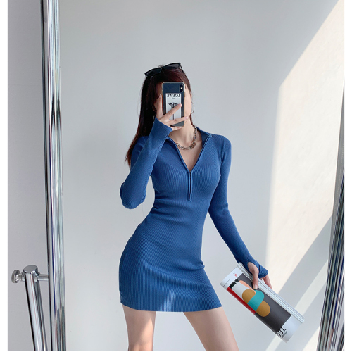 European and American spice girl style pure desire half high collar zipper buttock bottomed skirt women's autumn and winter sexy long sleeve knitted dress