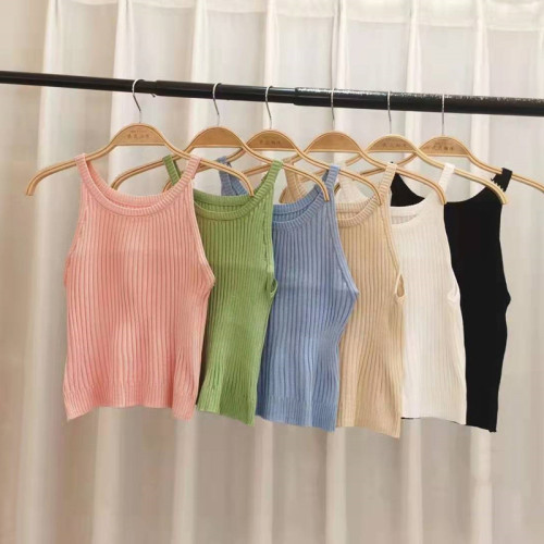 Off shoulder short hanging neck Korean suspender sleeveless knitted bottomed shirt women are thin and versatile small suspender is thin vest