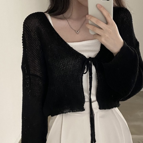 Korean chic summer solid color versatile knitted sunscreen cardigan women's spring and autumn ice silk thin sweater coat