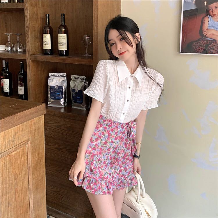 [timely rain] Han Feng ins versatile thin floral lace up skirt k219# lyx