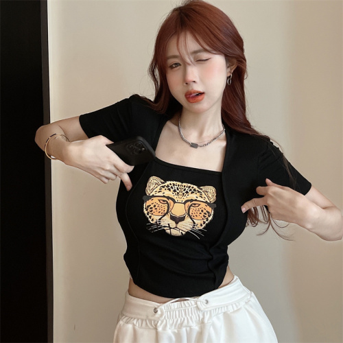 Real shooting and real price ~ summer new slim fit square collar tiger head printed short sleeved T-shirt