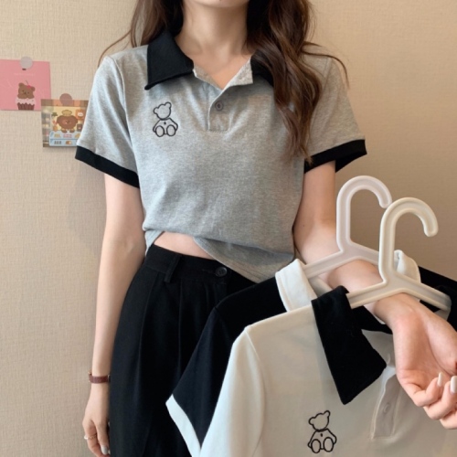Women's summer Korean polo shirt design feeling thin short front shoulder top