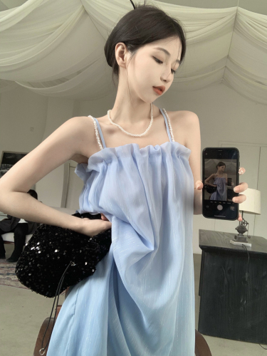 Real shooting of summer clothes pure desire wind pearl shoulder strap suspender skirt first love dress gentle seaside holiday dress