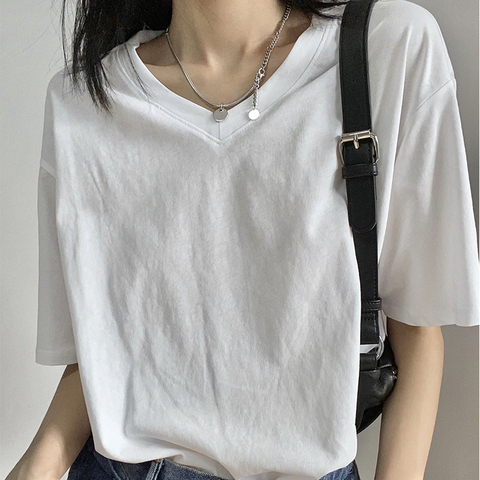 65 polyester 30 cotton 5 spandex  new summer V-neck white T-shirt women's Short Sleeve T-Shirt