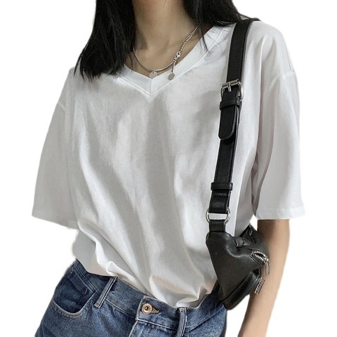 65 polyester 30 cotton 5 spandex  new summer V-neck white T-shirt women's Short Sleeve T-Shirt