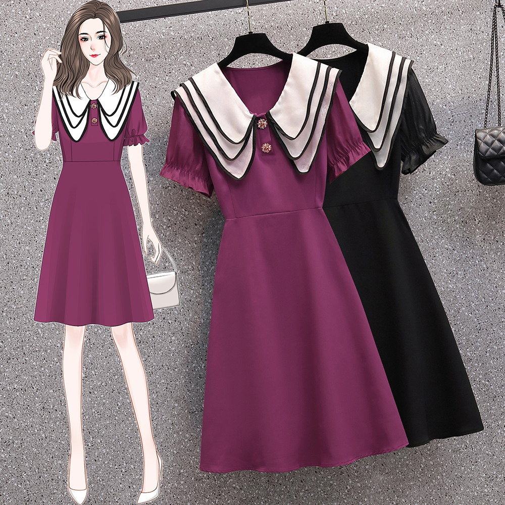 Real shot 2022 summer clothes new fat mm fashion versatile thin doll collar waist closing dress