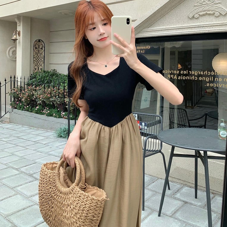 2022 summer new niche high sense Hepburn V-neck temperament splicing fake two chic short sleeved dresses