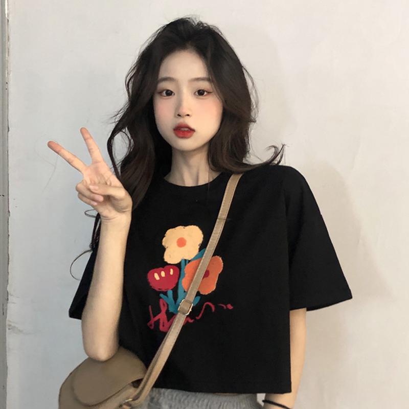 Ins fashion new black short sleeved T-shirt women 2022 summer cotton print small man navel exposed half sleeved top