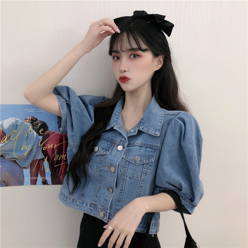 Real shot super hot Chic Vintage loose short shirt design sense bubble sleeve 5-point sleeve denim jacket