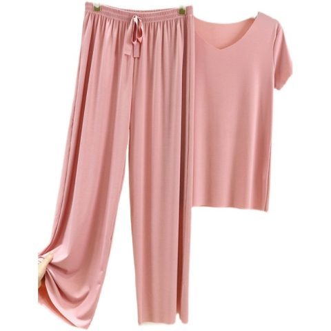 Summer ice silk pajamas two-piece short sleeve suit women's 2022 new home clothes leisure loose wide leg pants pajamas
