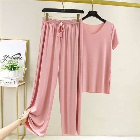 Summer ice silk pajamas two-piece short sleeve suit women's 2022 new home clothes leisure loose wide leg pants pajamas