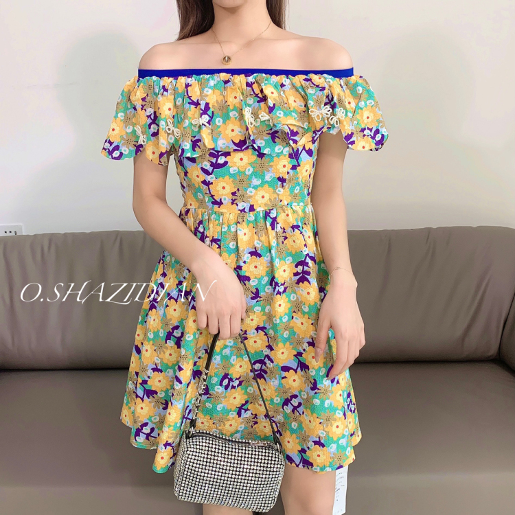 [o.shazidian] color blocked off shoulder waist puff sleeve Decor dress 3752# WQ