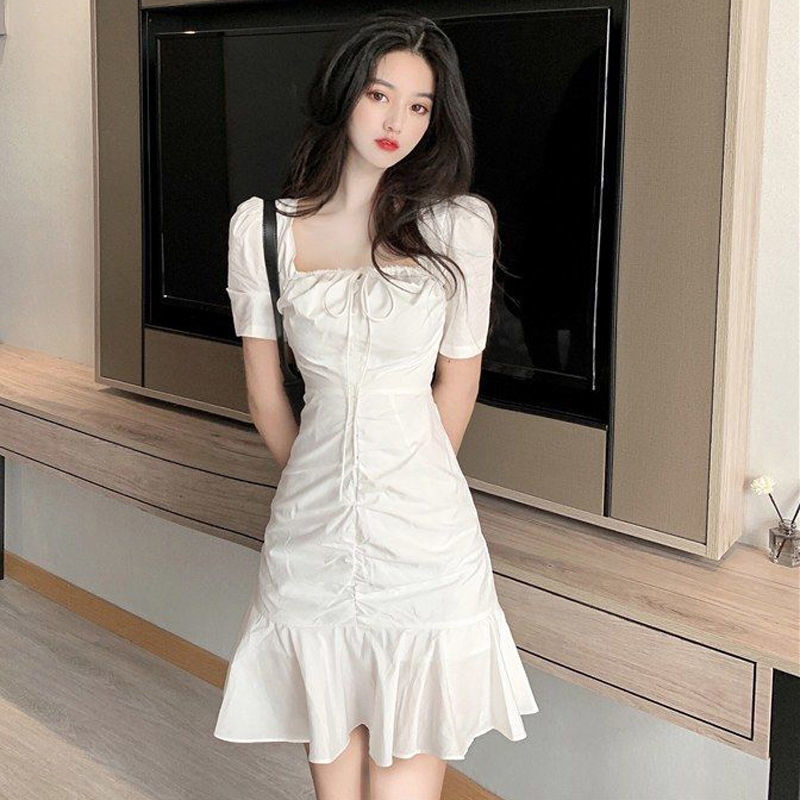 2022 summer French fairy pleated square neck with a slim waist, ruffled dress, fishtail and buttocks short skirt