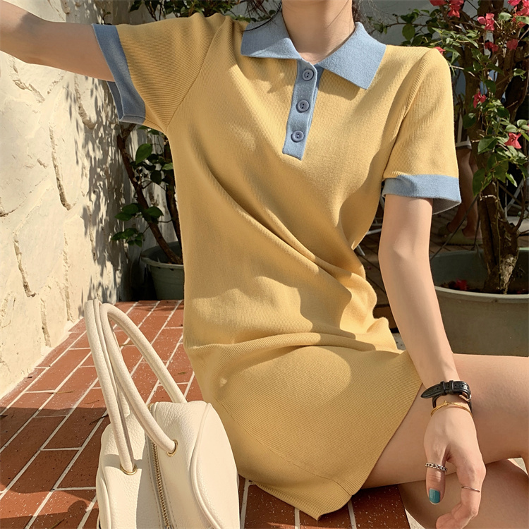 Polo collar color matching short sleeve knitted dress women's summer dress 2022 new French small slim skirt