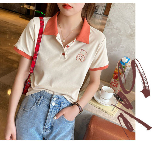 Polo collar T-shirt women's summer short sleeve 2022 new embroidered bear T-shirt loose cotton Lapel front shoulder top