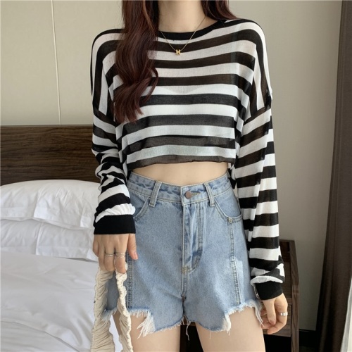 Summer 2022 New Vintage Port style striped T-shirt smock shirt super fairy thin long sleeve ice silk sunscreen top tide