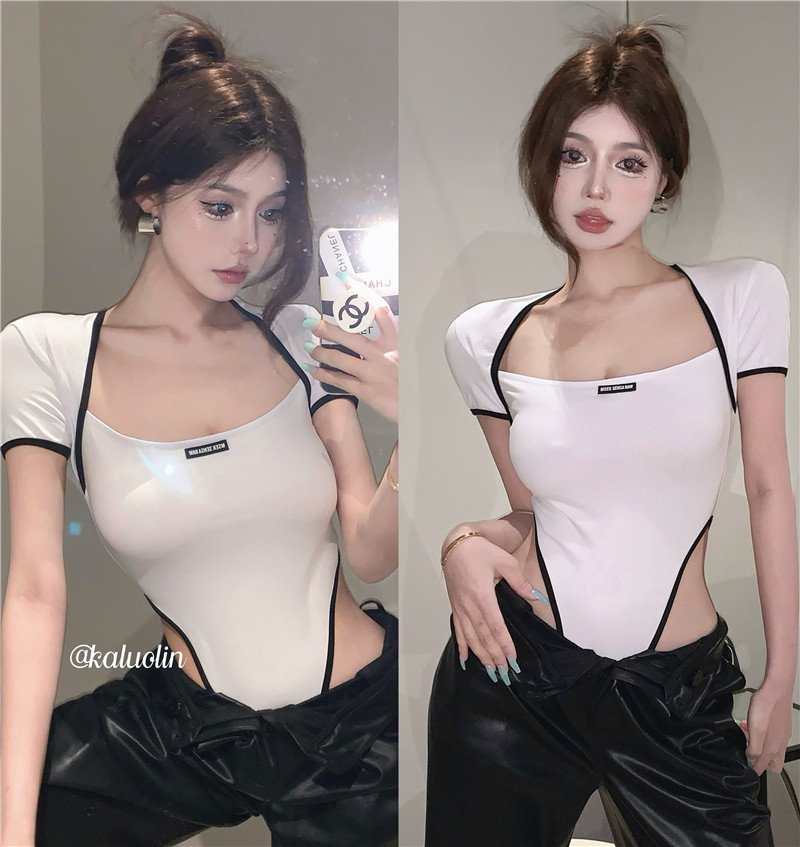 Real price ~ins careful machine sweet and spicy shoulder square neck letter sexy one-piece versatile thin T-Shirt Top