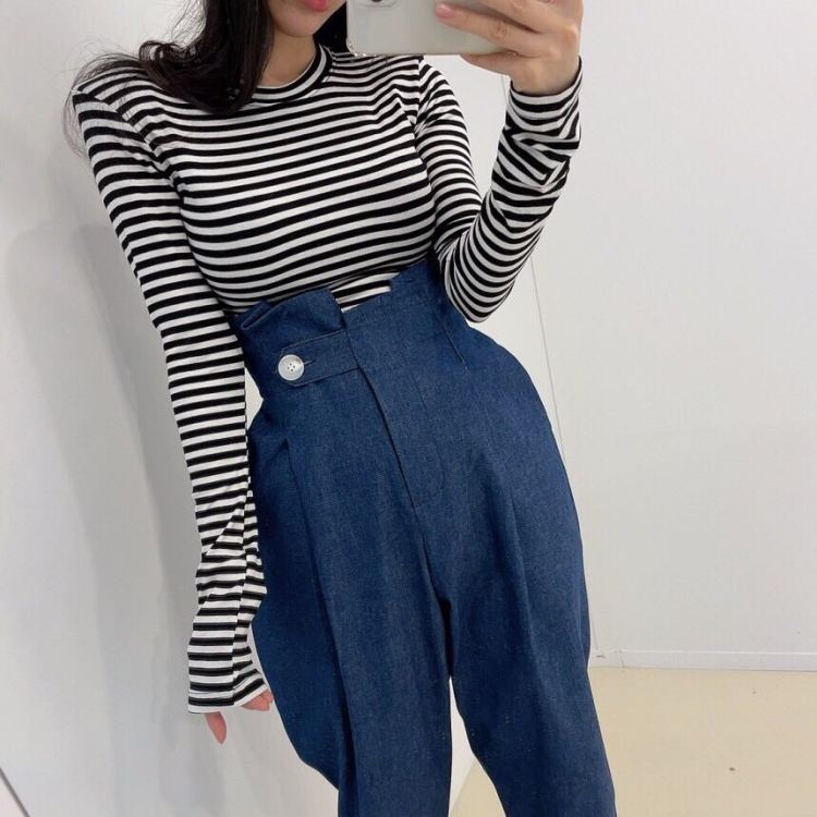 goods in stock! [dressery] Korean round neck shoulder pad short slim long sleeve T-shirt 3273# CJJ