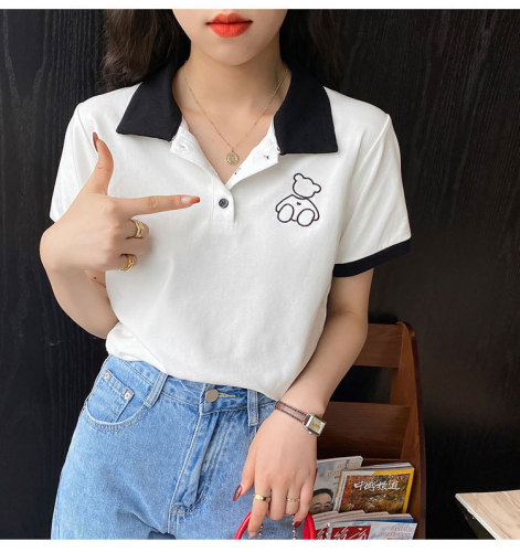 Polo collar T-shirt women's summer short sleeve 2022 new embroidered bear T-shirt loose cotton Lapel front shoulder top