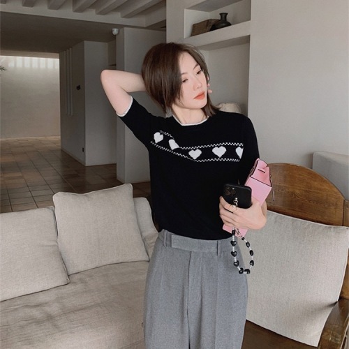 ASM Anna ◆ milk candy sweetheart ~ color contrast love V-neck wool knitted cardigan women's round neck short sleeved sweater