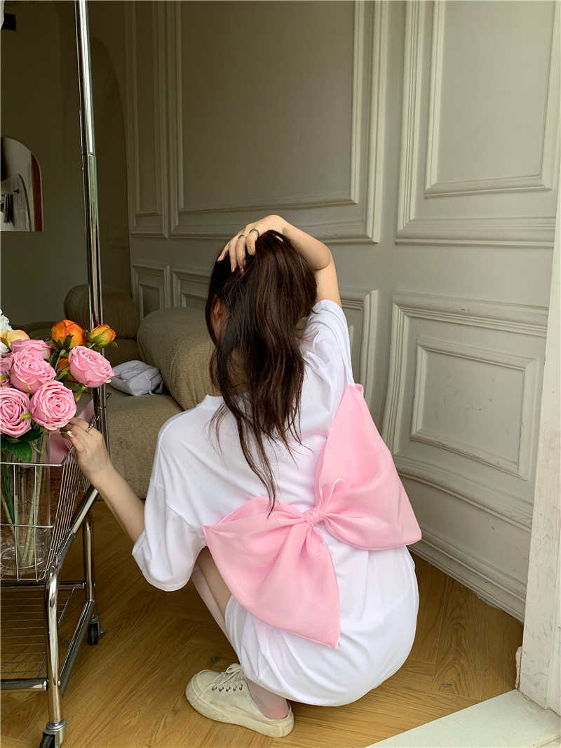 Real price ~ Hong Kong style design feeling back bow short sleeve top Korean loose thin embroidered letter T-shirt