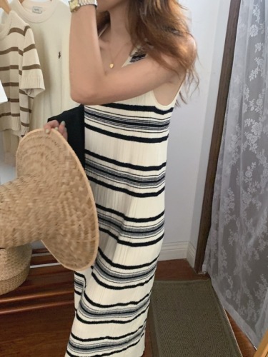 Korean chic spring and summer versatile round neck loose casual contrast stripe design sleeveless vest knitted dress women