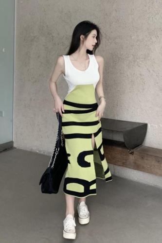 Real price summer new slim striped sleeveless vest dress women's split Knit Skirt