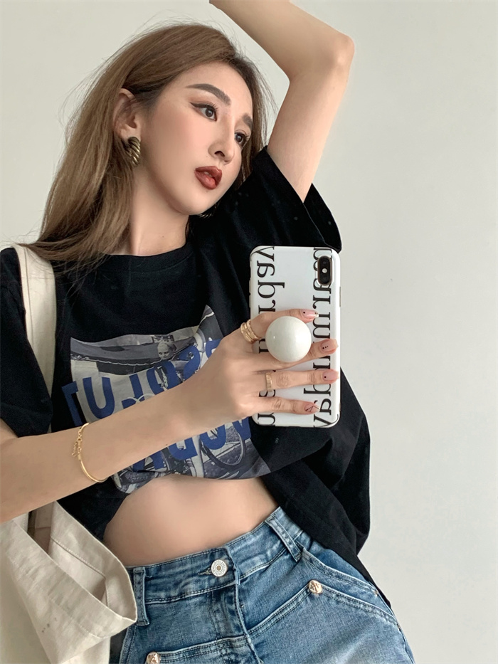 Real price Korean lazy loose print medium and long T-shirt