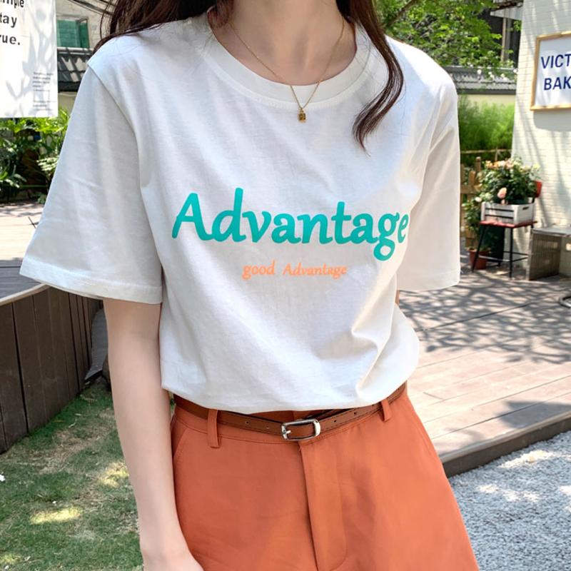 Loose short sleeve T-shirt women's 2022 new style foreign style versatile straight shoulder round neck letter print summer outerwear top