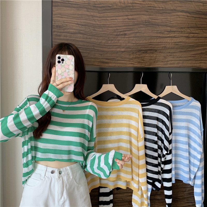 Summer 2022 New Vintage Port style striped T-shirt smock shirt super fairy thin long sleeve ice silk sunscreen top tide