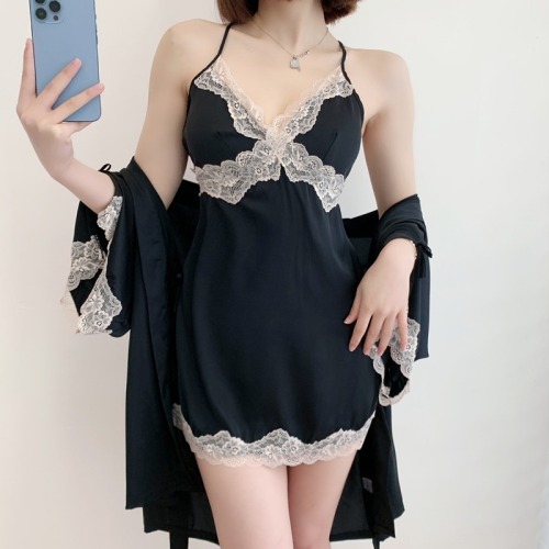 Real shot princess style spring and autumn thin nightdress two-piece set of noble luxury sexy lace ice and snow silk home clothes