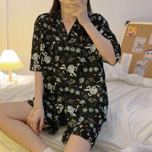 Real photo pajamas female summer Japanese lovely lace cardigan Lapel short sleeved shorts student home suit