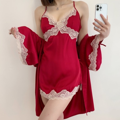 Real shot princess style spring and autumn thin nightdress two-piece set of noble luxury sexy lace ice and snow silk home clothes