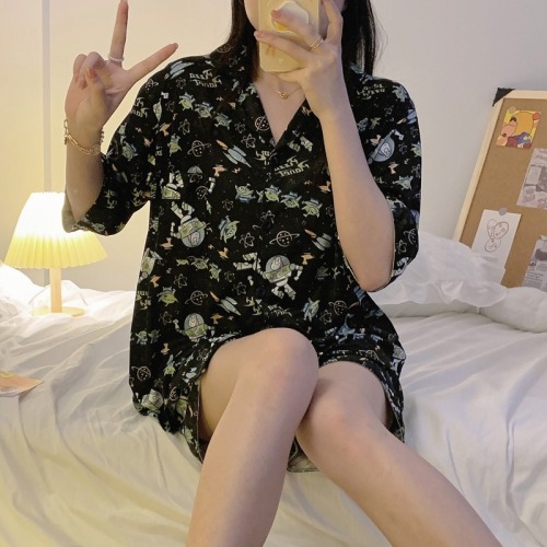 Real photo pajamas female summer Japanese lovely lace cardigan Lapel short sleeved shorts student home suit