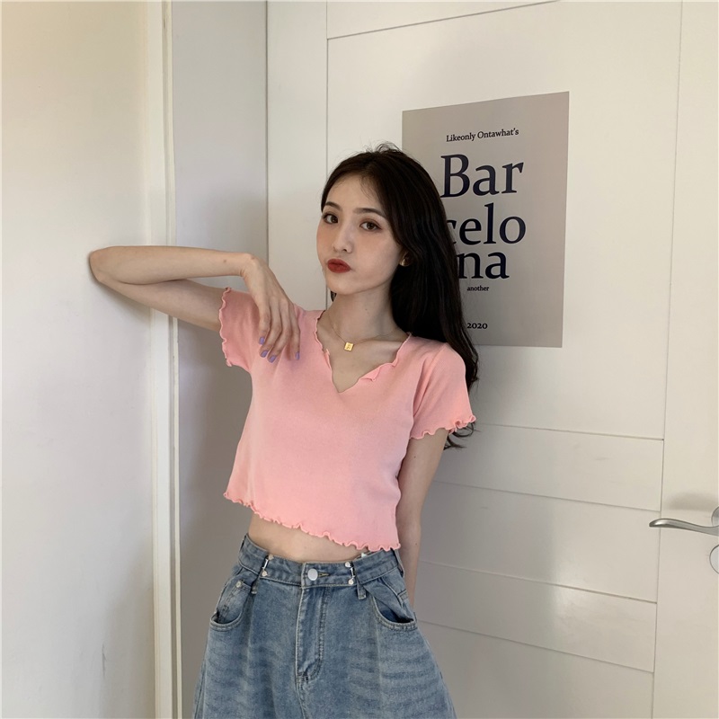 High waist short style chic top with fungus edge design sense of niche BM style V-neck knitted short sleeve T-shirt women's summer thin style
