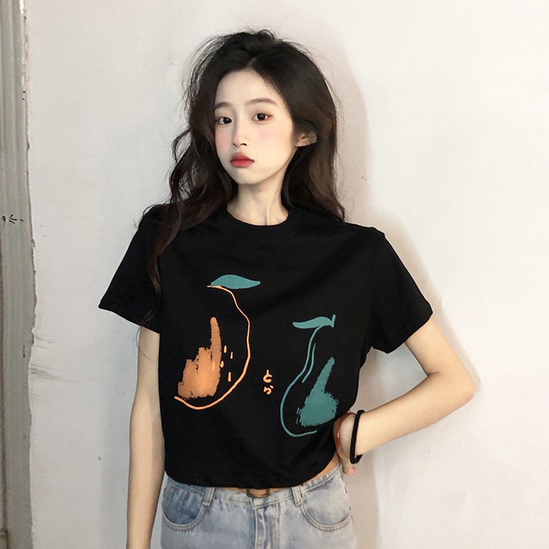 Official figure real price 65 pull frame cotton hot girl style short T-shirt women's summer printed design feeling exposed navel short sleeve top