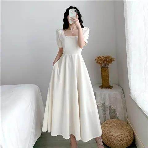 Bubble sleeve square neck white Hepburn light mature style dress women's white dress with waist closed to show thin air over knee long skirt summer