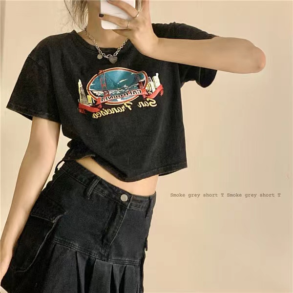 Cotton sweet Spice Girl Style Short Sleeve T-Shirt women's summer loose high waist exposed navel American retro short top